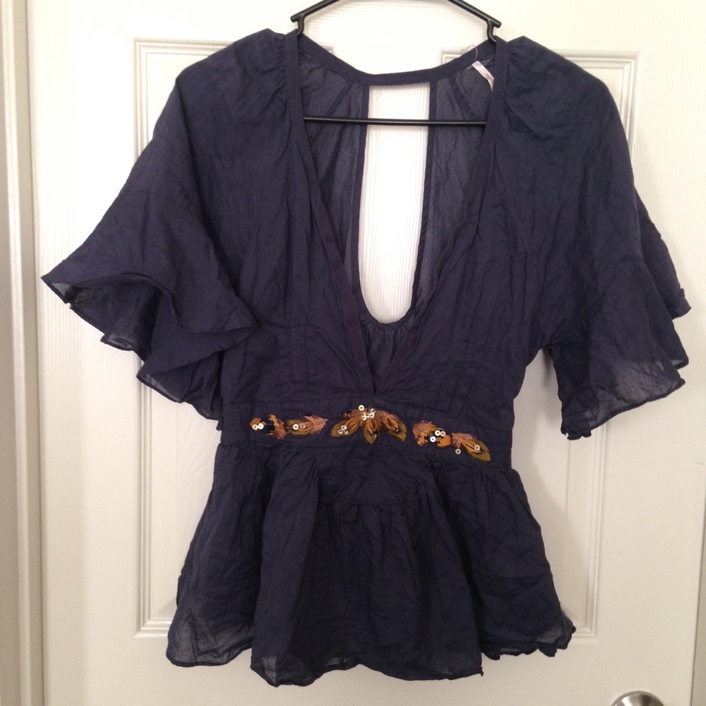 Free People Beaded Deep V Ruffle Blue Top Flutter Sleeve Peplum